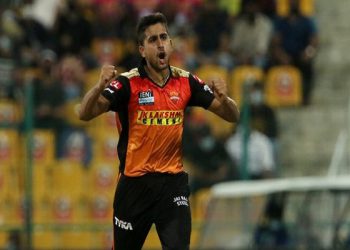 Umran Malik of Sunrisers Hyderabad celebrates the wicket of KS Bharat of Royal Challengers Bangalore during match 52 of the Vivo Indian Premier League between the Royal Challengers Bangalore and the Sunrisers Hyderabad held at the Sheikh Zayed Stadium, Abu Dhabi in the United Arab Emirates on the 6th October 2021

Photo by Vipin Pawar / Sportzpics for IPL