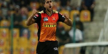 Umran Malik of Sunrisers Hyderabad celebrates the wicket of KS Bharat of Royal Challengers Bangalore during match 52 of the Vivo Indian Premier League between the Royal Challengers Bangalore and the Sunrisers Hyderabad held at the Sheikh Zayed Stadium, Abu Dhabi in the United Arab Emirates on the 6th October 2021

Photo by Vipin Pawar / Sportzpics for IPL