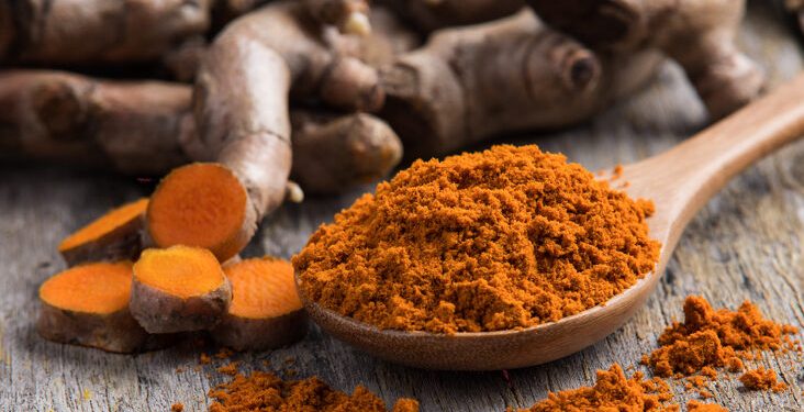 pile of fresh turmeric roots on wooden table