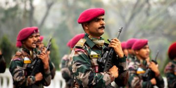 Calcutta, India - January 24, 2022: Indian army practice their parade during republic day. The ceremony is done by Indian army every year to salute national flag in 26th January.