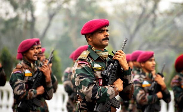 Calcutta, India - January 24, 2022: Indian army practice their parade during republic day. The ceremony is done by Indian army every year to salute national flag in 26th January.