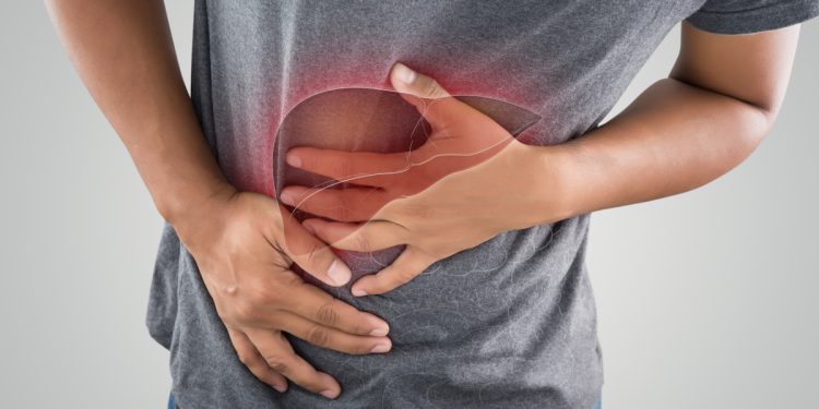 The Photo Of Liver On Man's Body Against Gray Background, Hepatitis, Concept with Healthcare And Medicine